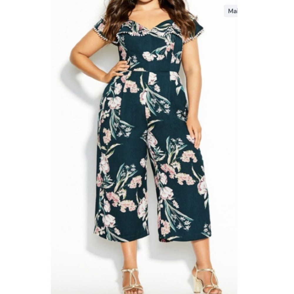 City Chic Dark Teal Floral Off-Shoulder Jumpsuit